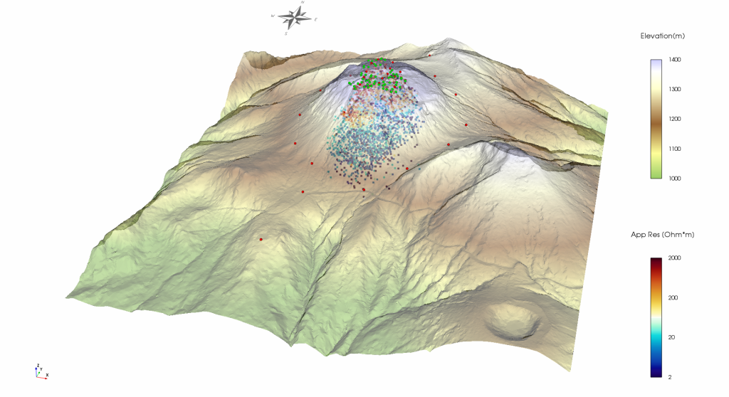 Elevation model of La Soufrière volcano with overlap of 3D apparent resistivity measurements